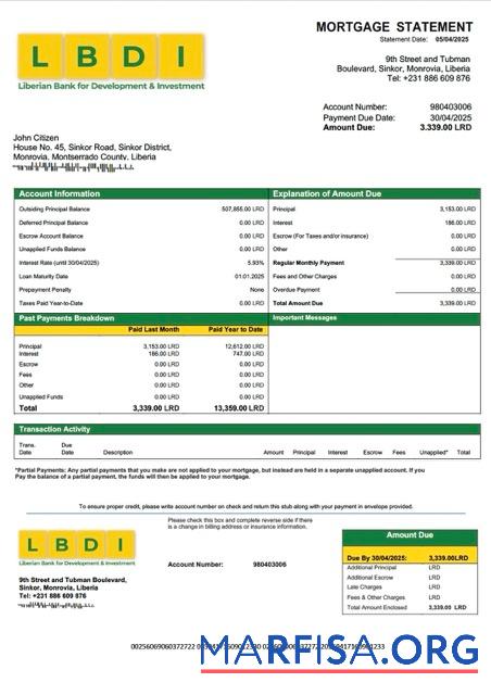 Realistic Liberian Bank for Development and Investment (LBDI) mortgage statement Word and PDF template